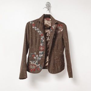 Joolay Embroidered Floral Stitch Fall Chic Long Sleeve‎ Jacket Blazer Brown